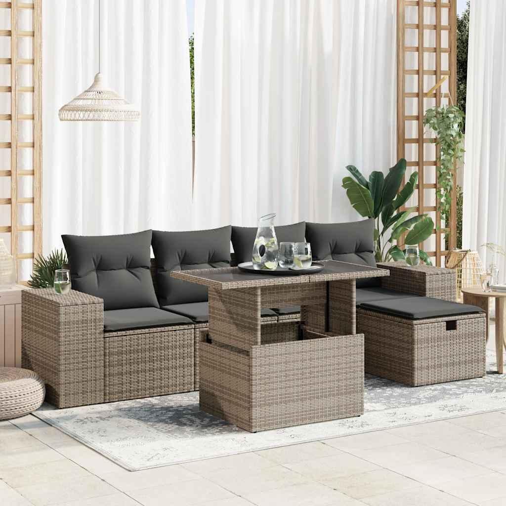 Sofasæt Til Haven 6 Dele Med Hynder Polyrattan Sort - Grå / med opbevaring