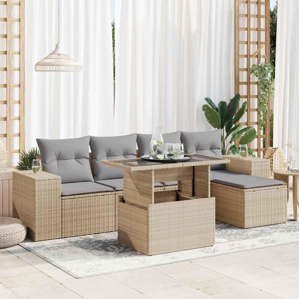 Sofasæt Til Haven 6 Dele Med Hynder Polyrattan - beige og grå / med opbevaring