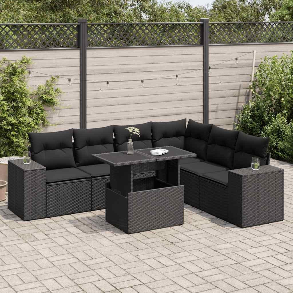 Sofasæt til haven i polyrattan - 7 dele med hynder, sort