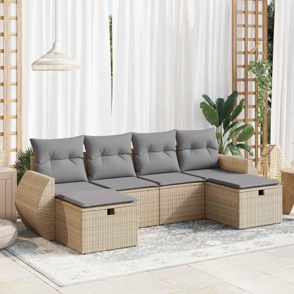 Havesofasæt 6 Dele Med Hynder Polyrattan Beige - beige og grå / med opbevaring