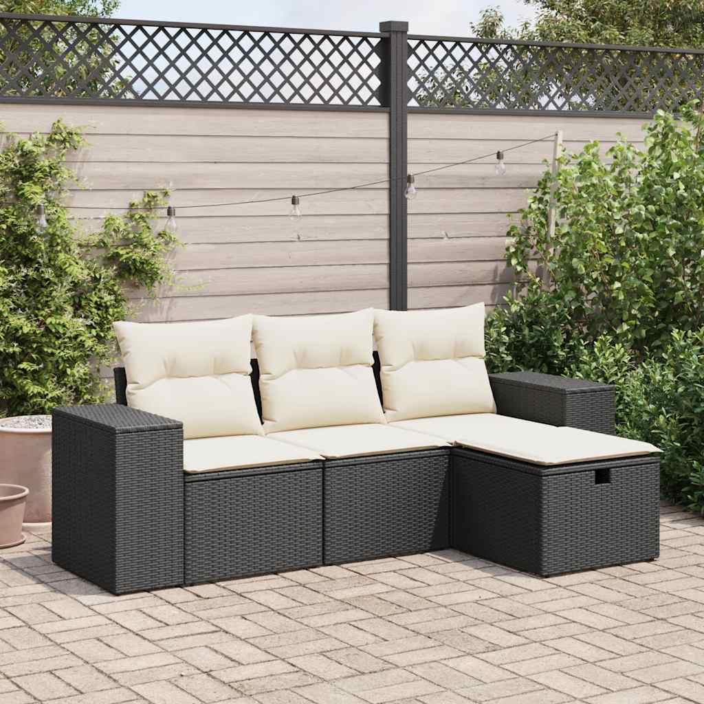 Sofasæt Til Haven 4 Dele Med Hynder Polyrattan Sort - Sort og cremefarvet / med opbevaring