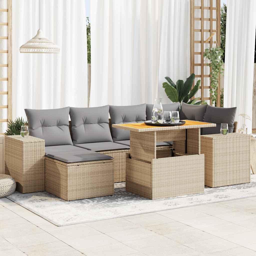 Sofasæt til haven i polyrattan - 7 dele med hynder, beige