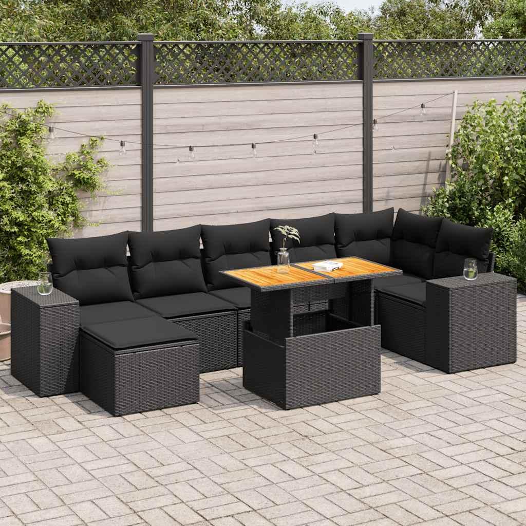 Sofasæt Til Haven 8 Dele Med Hynder Polyrattan - Sort / 3X hjørnedel + bord + 3x midterdel + fodskammel