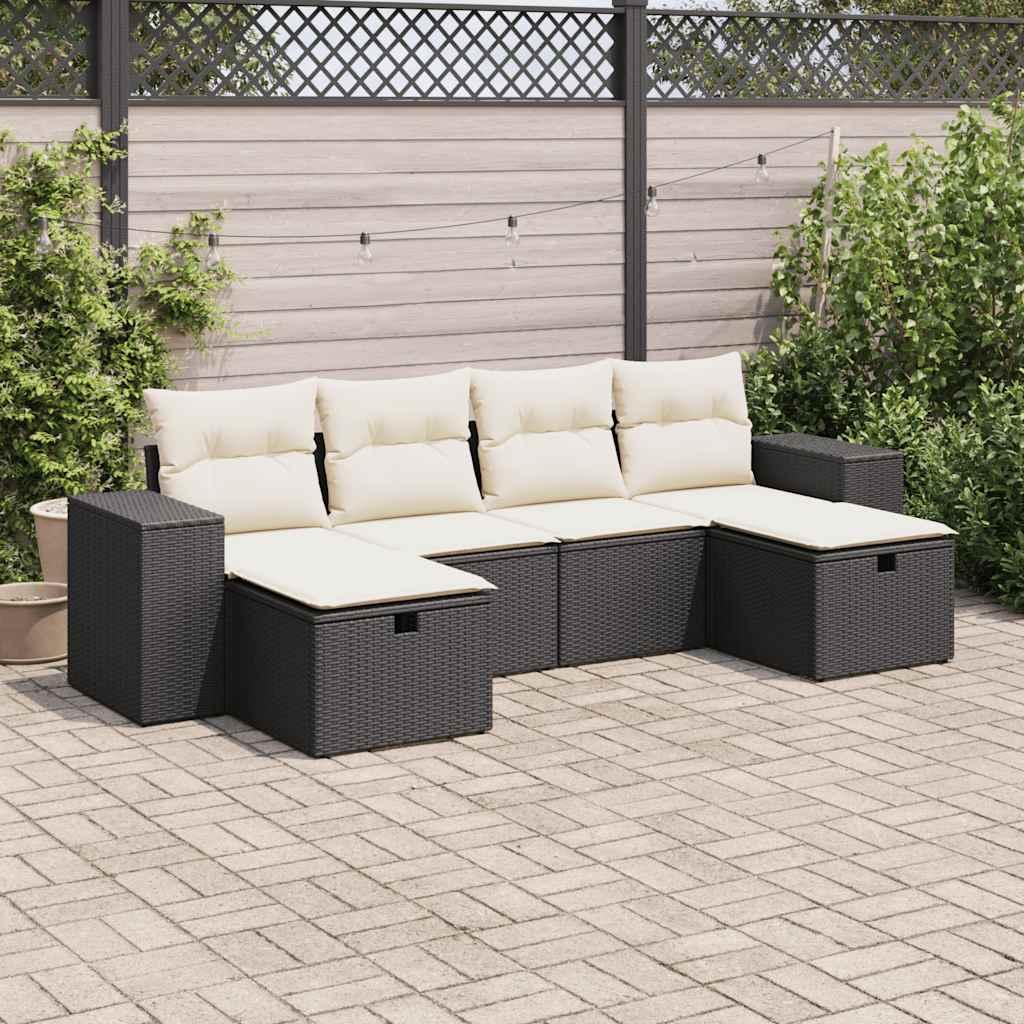 Sofasæt til haven i polyrattan - 6 dele med hynder, sort/creme