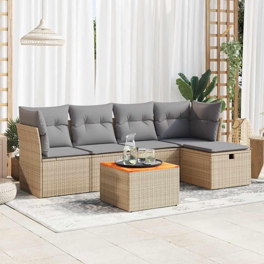 Havesofasæt 6 Dele Med Hynder Polyrattan Beige - beige og grå / med opbevaring