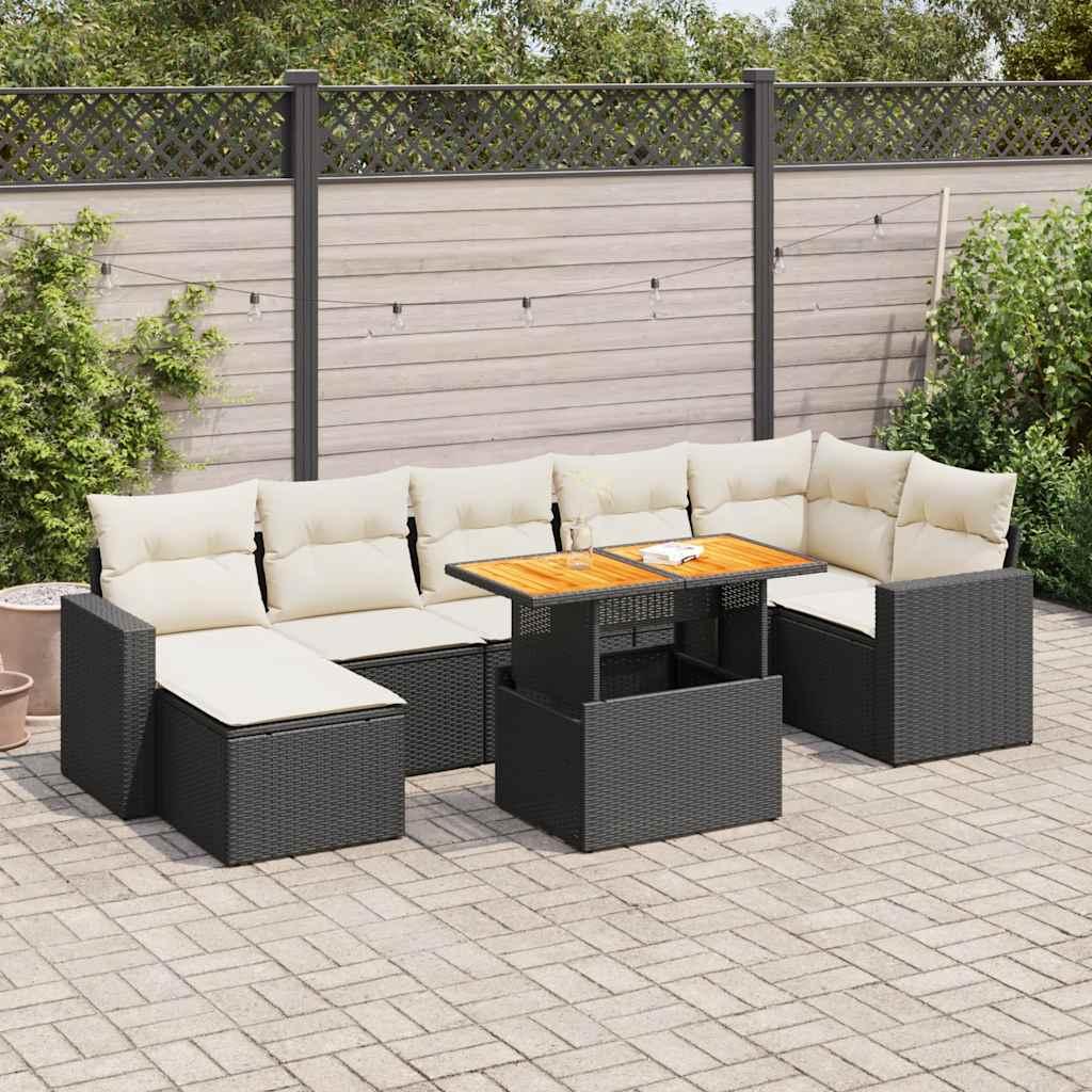 Sofasæt Til Haven 8 Dele Med Hynder Polyrattan - Sort og cremefarvet / 3X hjørnedel + 3x midterdel + bord + fodskammel