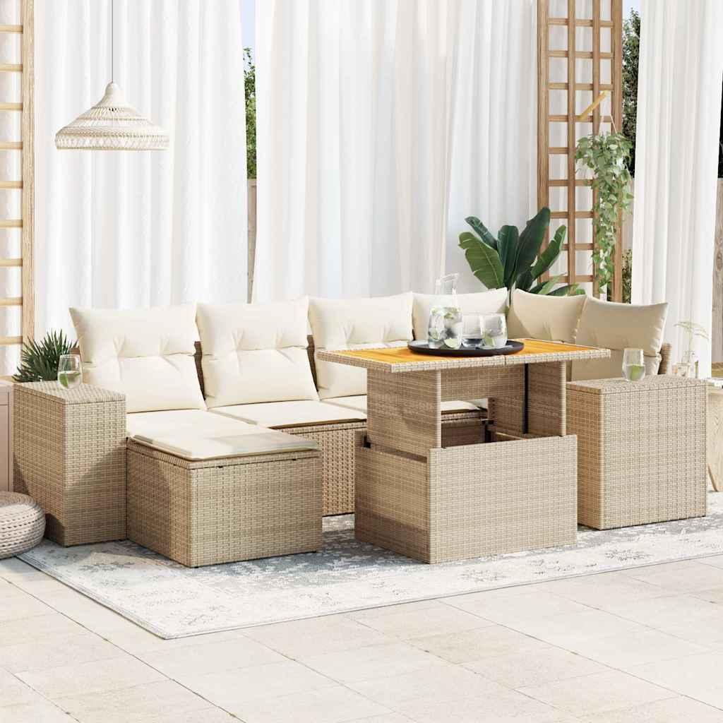 Sofasæt til haven i polyrattan - 7 dele med hynder, beige