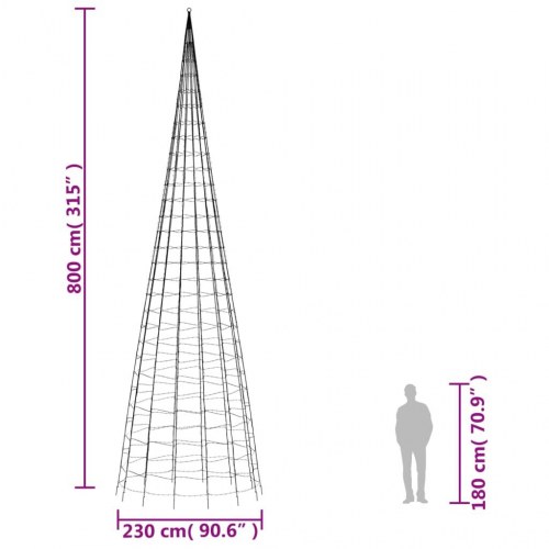 LED-juletræ til flagstang - 3.000 LED’er, 800 cm, flerfarvet