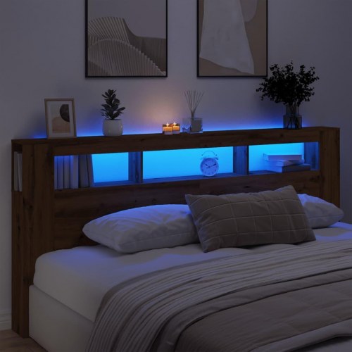 Sengegavl med LED-lys 220×18,5×103,5 cm - konstrueret træ, kunsteg