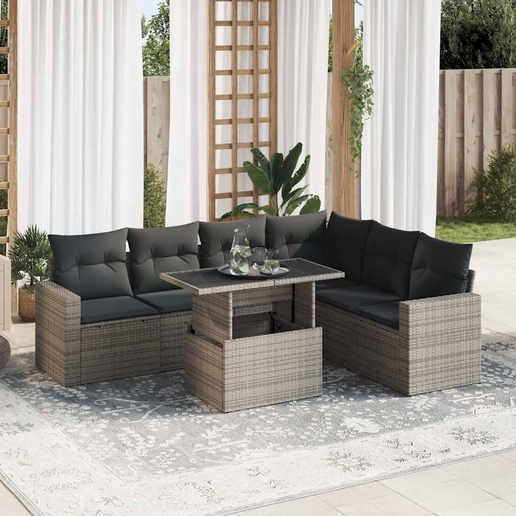 Sofasæt Til Haven 7 Dele Med Hynder Polyrattan Sort - Grå / med opbevaring