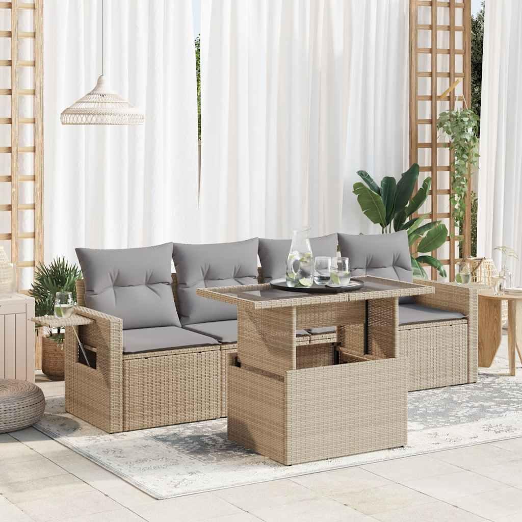 Sofasæt Til Haven 5 Dele Med Hynder Polyrattan Sort - beige og grå / med opbevaring