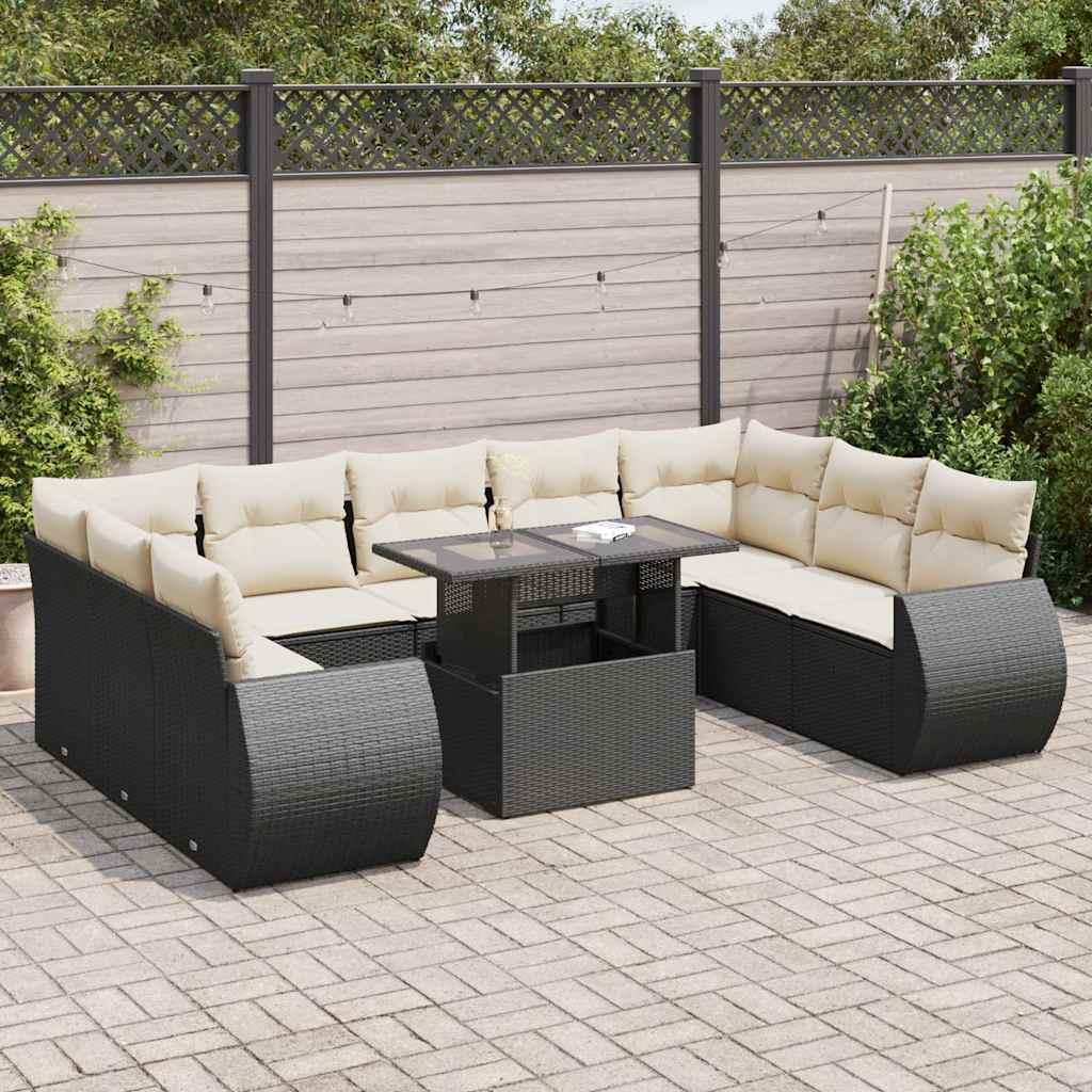 Sofasæt Til Haven 10 Dele Med Hynder Polyrattan Sort - Sort og cremefarvet / med opbevaring