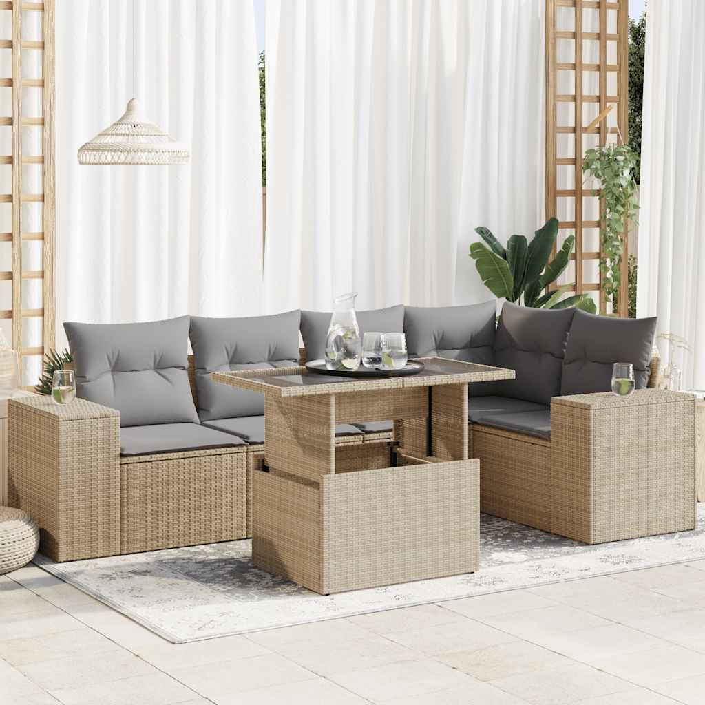 Sofasæt Til Haven 6 Dele Med Hynder Polyrattan - beige og grå / med opbevaring