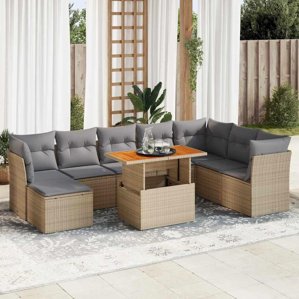 Sofasæt til haven i polyrattan, 9 dele med hynder - beige