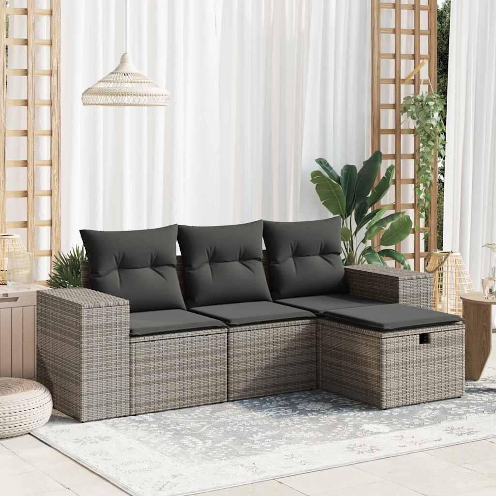 Sofasæt Til Haven 4 Dele Med Hynder Polyrattan Sort - Grå / med opbevaring