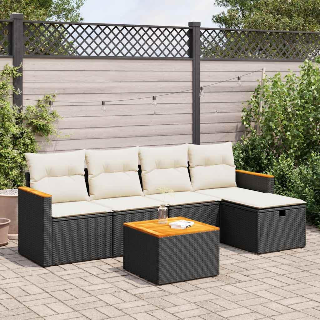 Sofasæt til haven 6 dele med hynder i polyrattan - sort