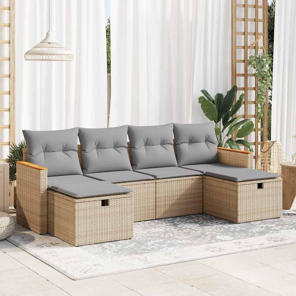 Havesofasæt 6 Dele Med Hynder Polyrattan Beige - beige og grå / med opbevaring