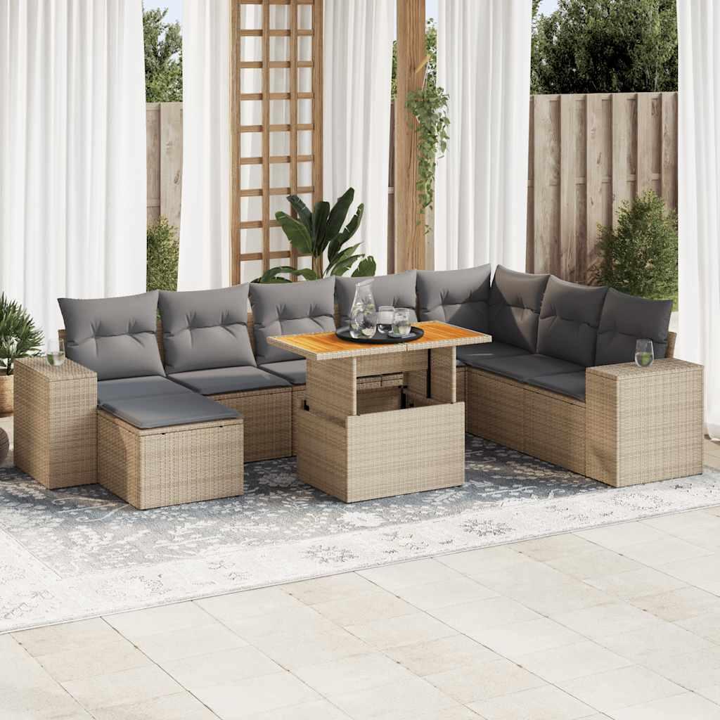 Sofasæt til haven i polyrattan med akacietræsbord, 9 dele - beige/lysegrå hynder