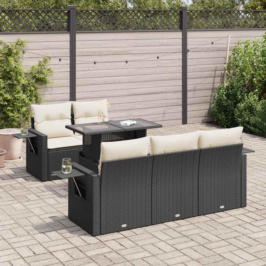 Havesofasæt i polyrattan - 6 dele med hynder, sort