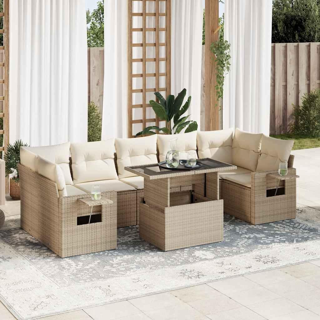 Sofast til haven i polyrattan - 8 dele med hynder, beige