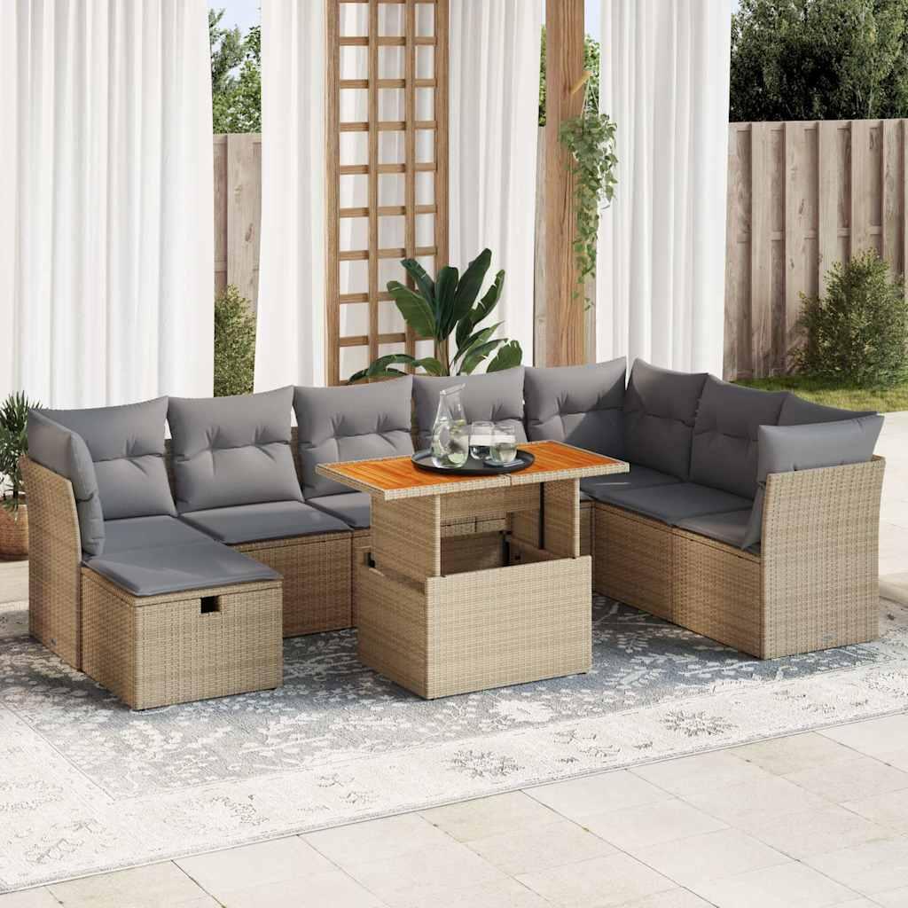 vidaXL sofasæt til haven 9 dele med hynder polyrattan akacietræ beige