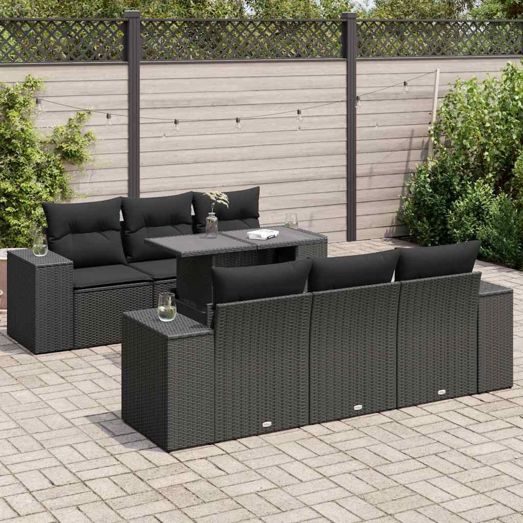 Sofasæt til haven 7 dele med hynder i polyrattan - sort