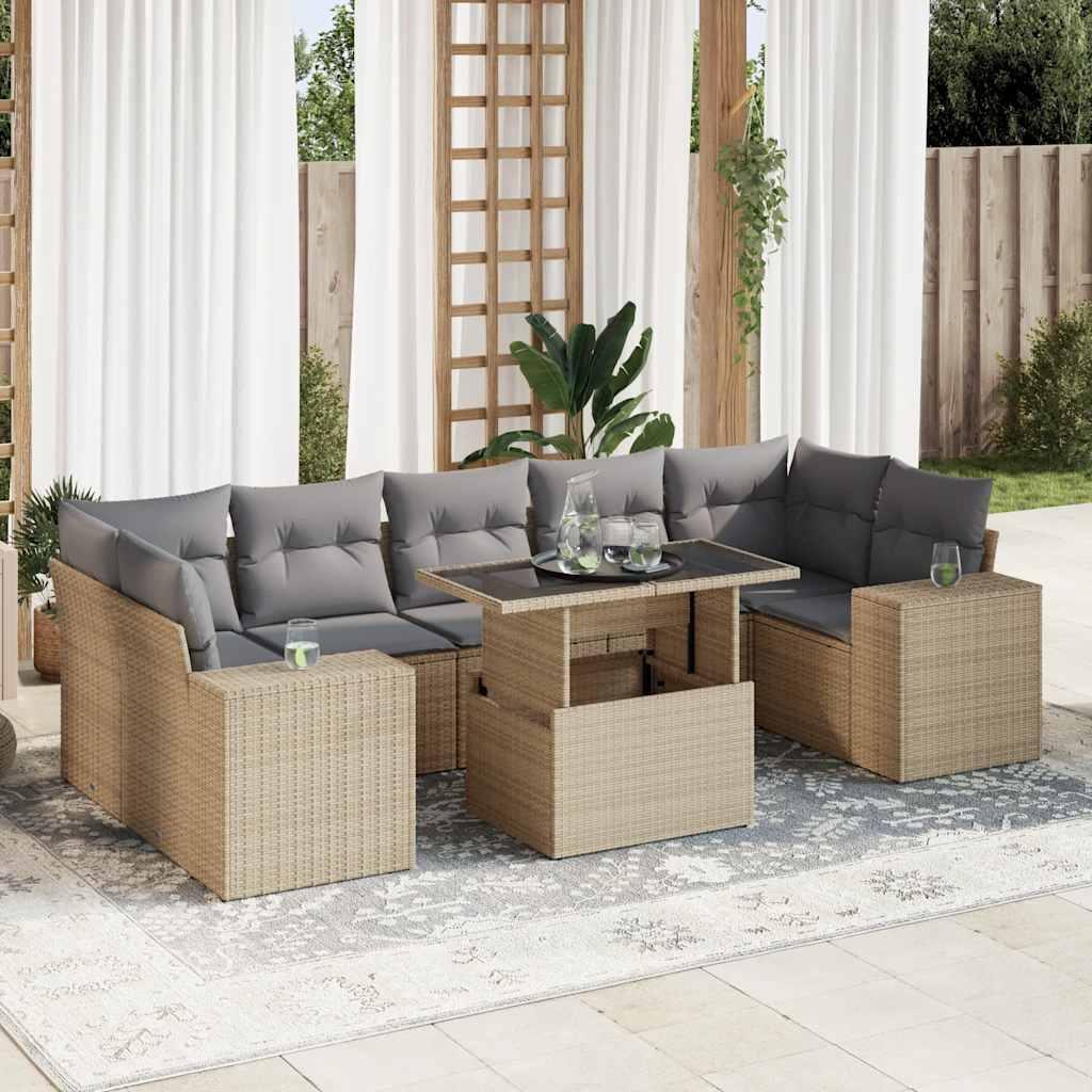 Sofasæt Til Haven 8 Dele Med Hynder Polyrattan Sort - beige og grå / med opbevaring