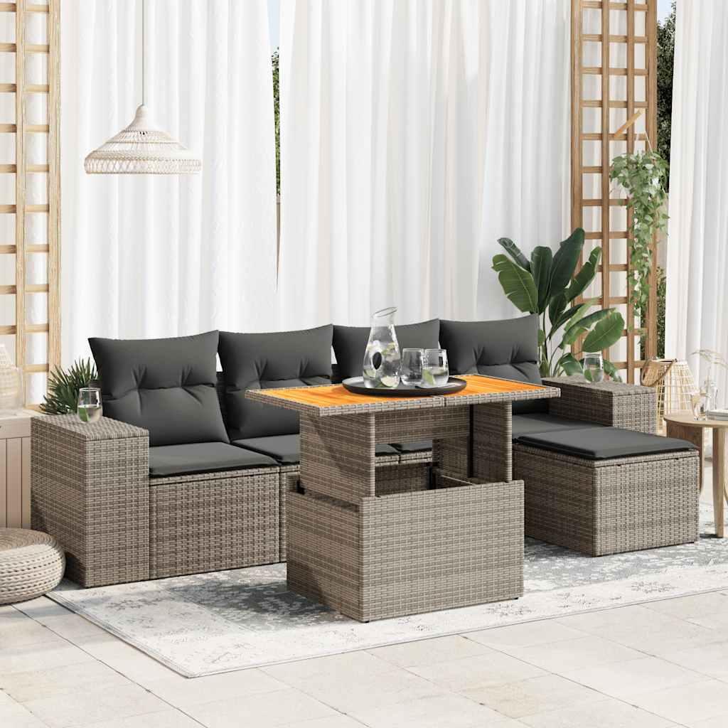 Sofasæt til haven i polyrattan - 6 dele med hynder, grå