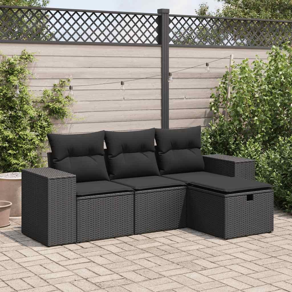 Sofasæt Til Haven 4 Dele Med Hynder Polyrattan Sort - Sort / med opbevaring