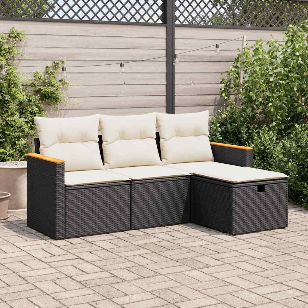 Sofasæt Til Haven 4 Dele Med Hynder Polyrattan Beige - Sort og cremefarvet / med opbevaring