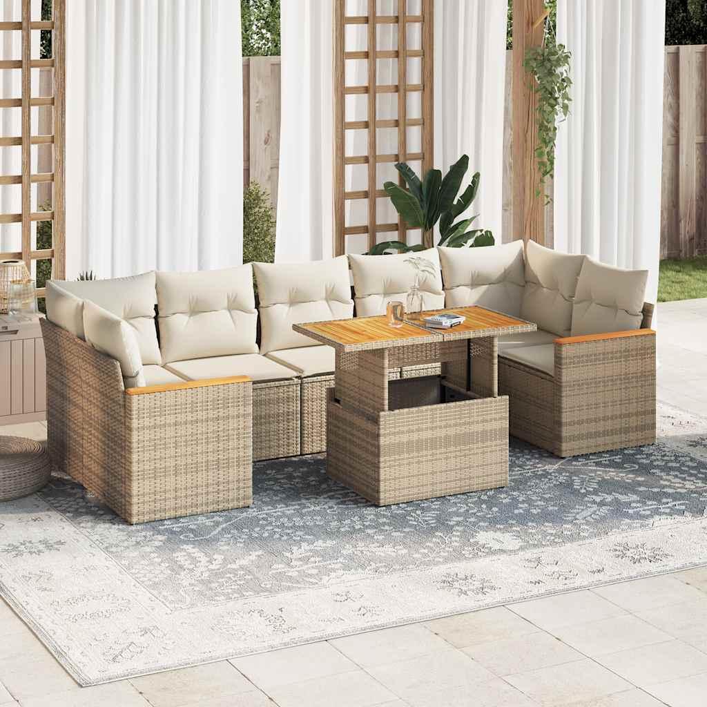 Sofasæt til haven - 8 dele i polyrattan og akacietræ, beige med hynder