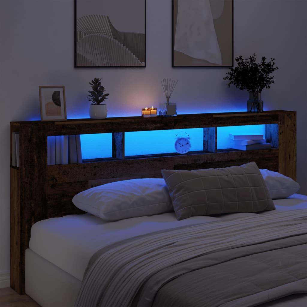 Sengegavl med LED 220x18,5x103,5 cm konstrueret træ antikt træ
