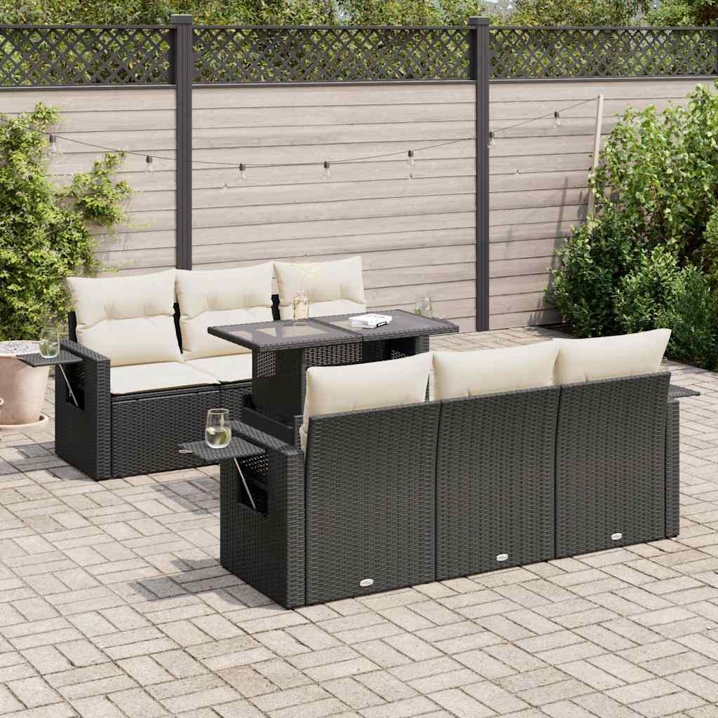 Havesofasæt i polyrattan - 7 dele med hynder, sort