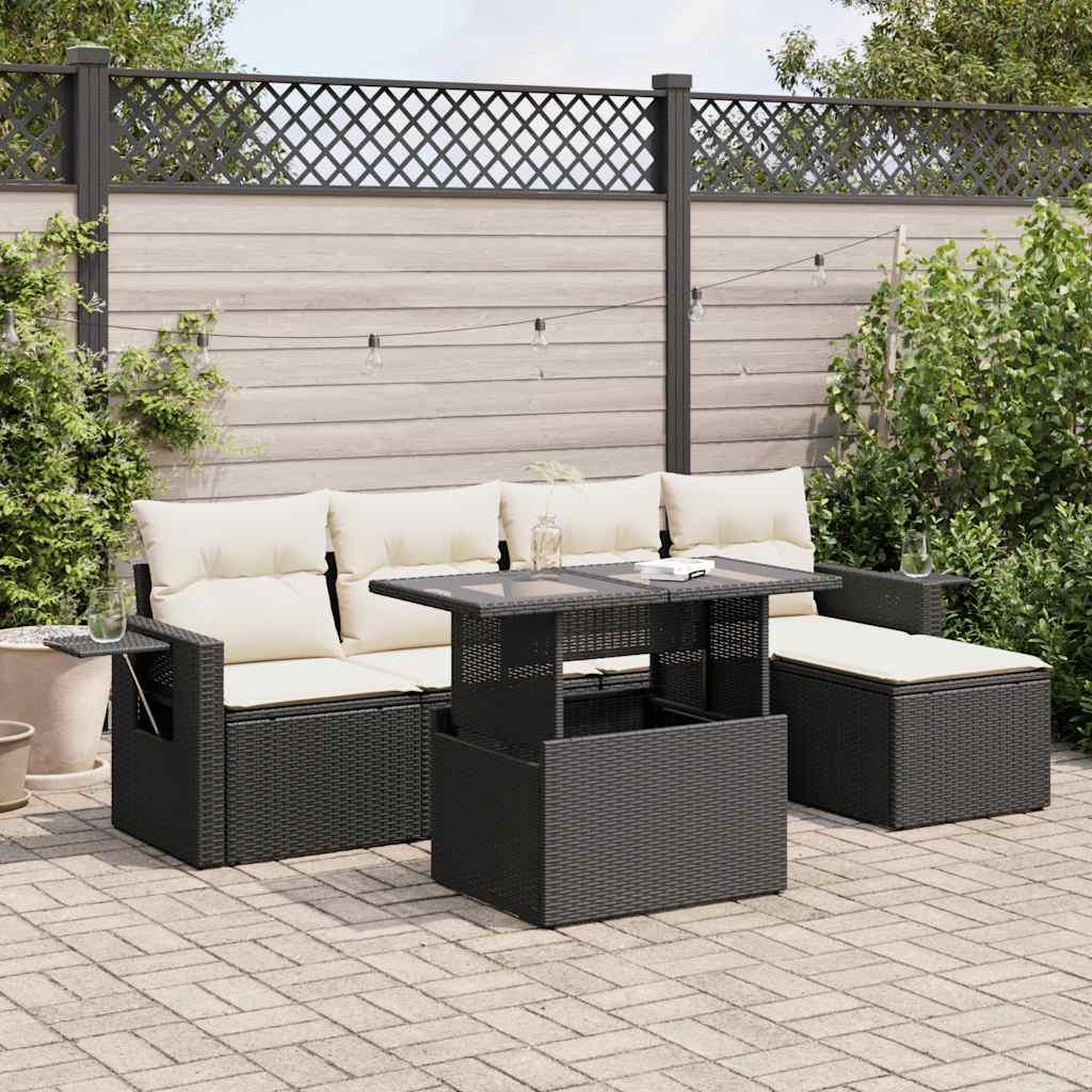 Sofasæt til haven i polyrattan - 6 dele med hynder, sort