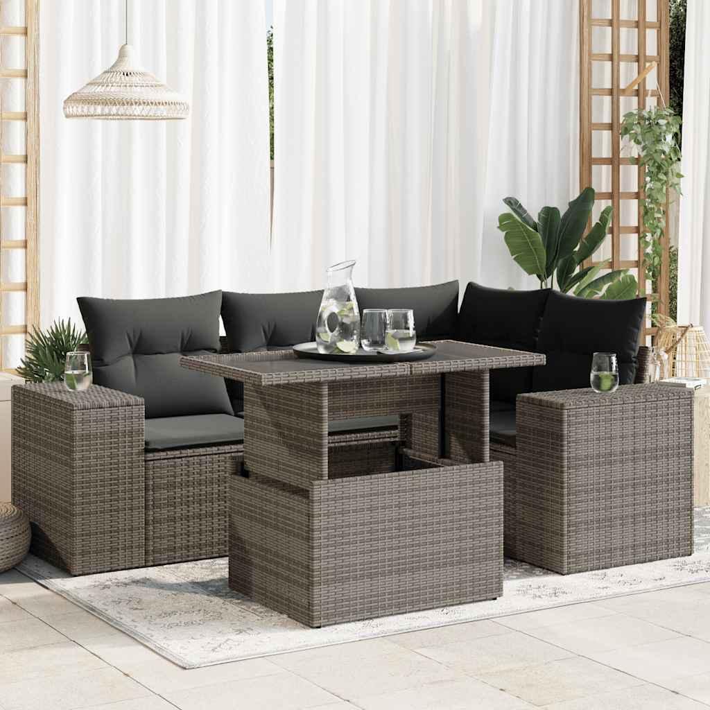 Sofasæt Til Haven 5 Dele Med Hynder Polyrattan Sort - Grå / med opbevaring