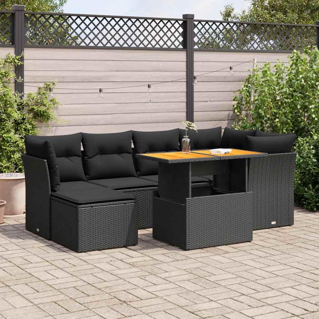 Sofasæt til haven i polyrattan - 7 dele med hynder, sort