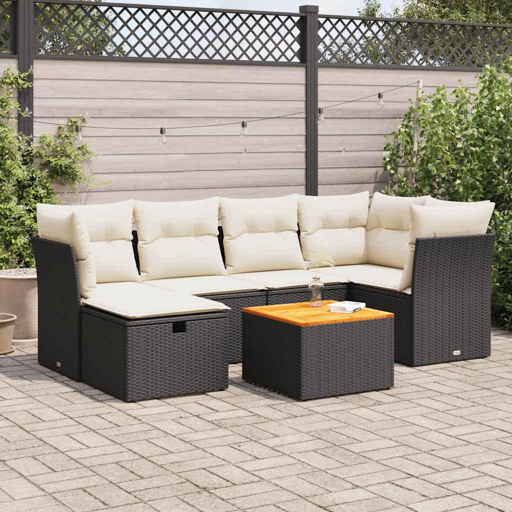 Havesofasæt i polyrattan, 7 dele med hynder - sort