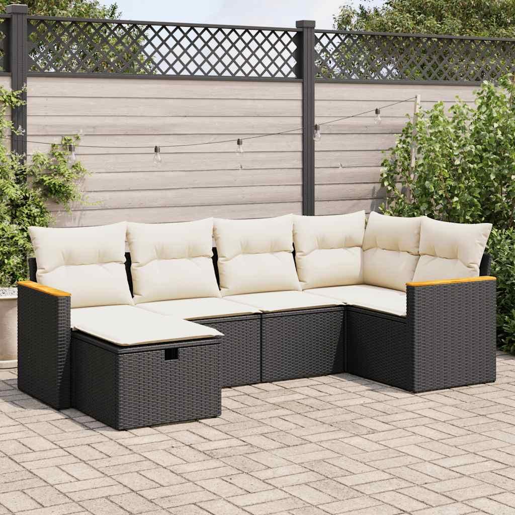 Havesofasæt i polyrattan - 6 dele med hynder, sort