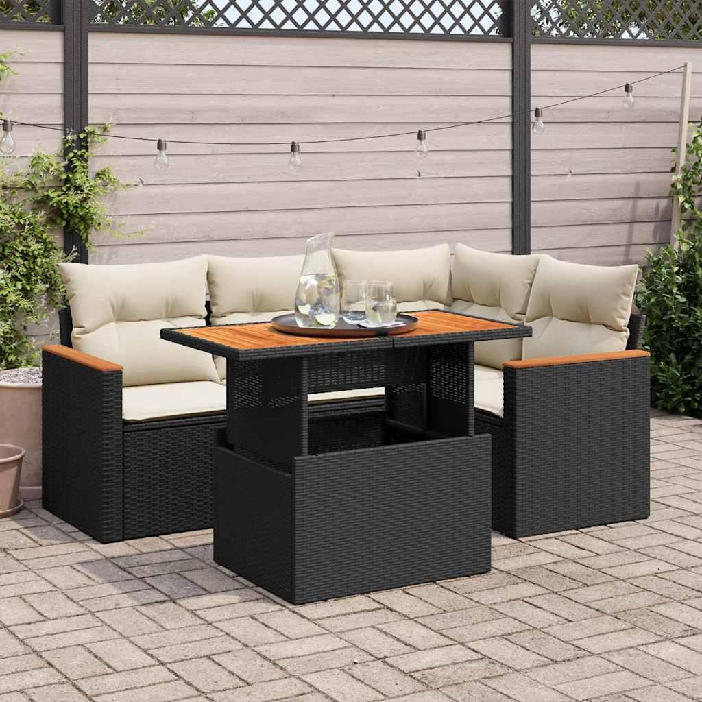 Sofasæt Til Haven 5 Dele Med Hynder Polyrattan - Sort og cremefarvet / med opbevaring