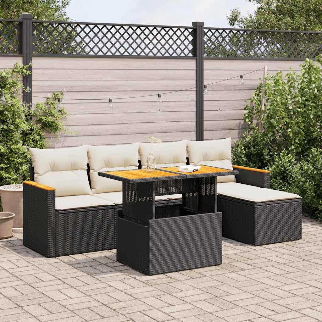 Sofasæt Til Haven 6 Dele Med Hynder Polyrattan Sort - Sort og cremefarvet / med opbevaring