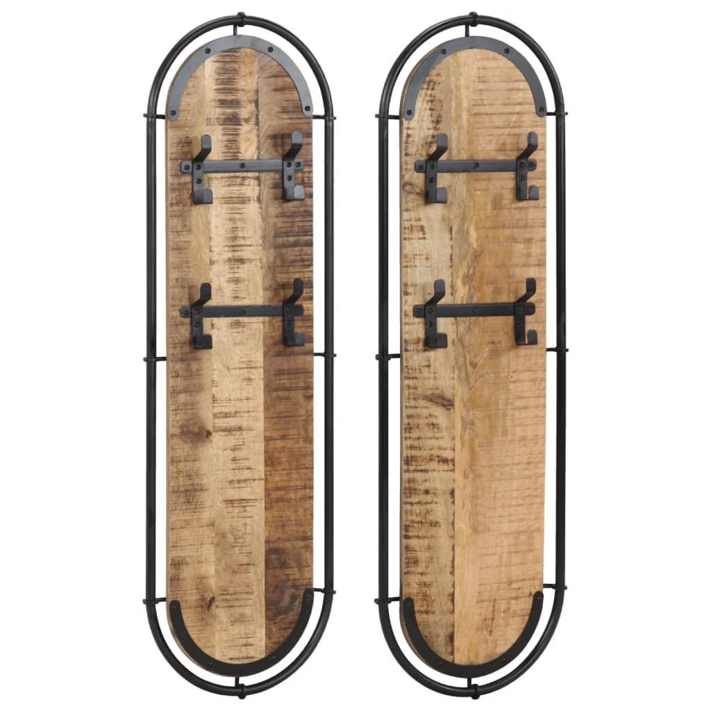 Væghængte knagerækker 2 stk. 4 knager massivt ru mangotræ