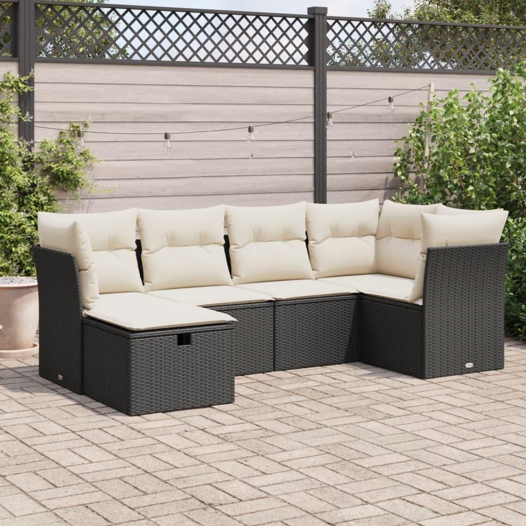 Sofasæt til haven i polyrattan - 6 dele med hynder, sort/creme