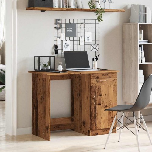 Skrivebord 100 × 50 × 76 cm i konstrueret træ - antikt trælook med skuffe og skab