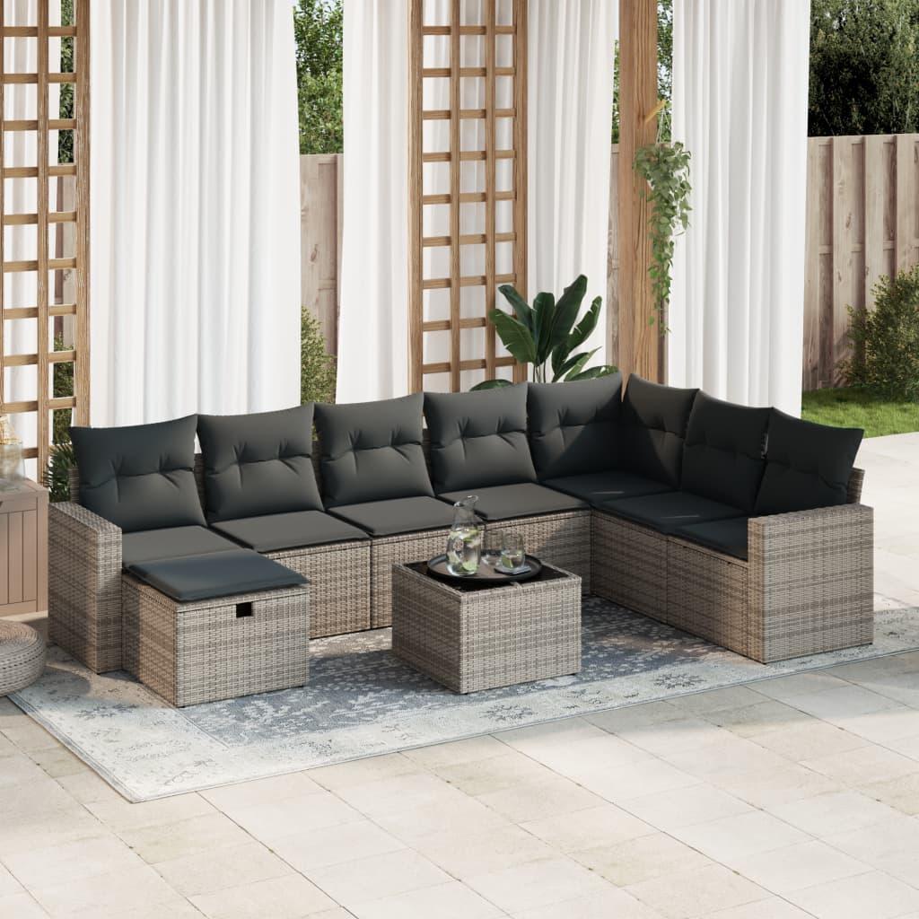 vidaXL sofasæt til haven 9 dele med hynder polyrattan grå