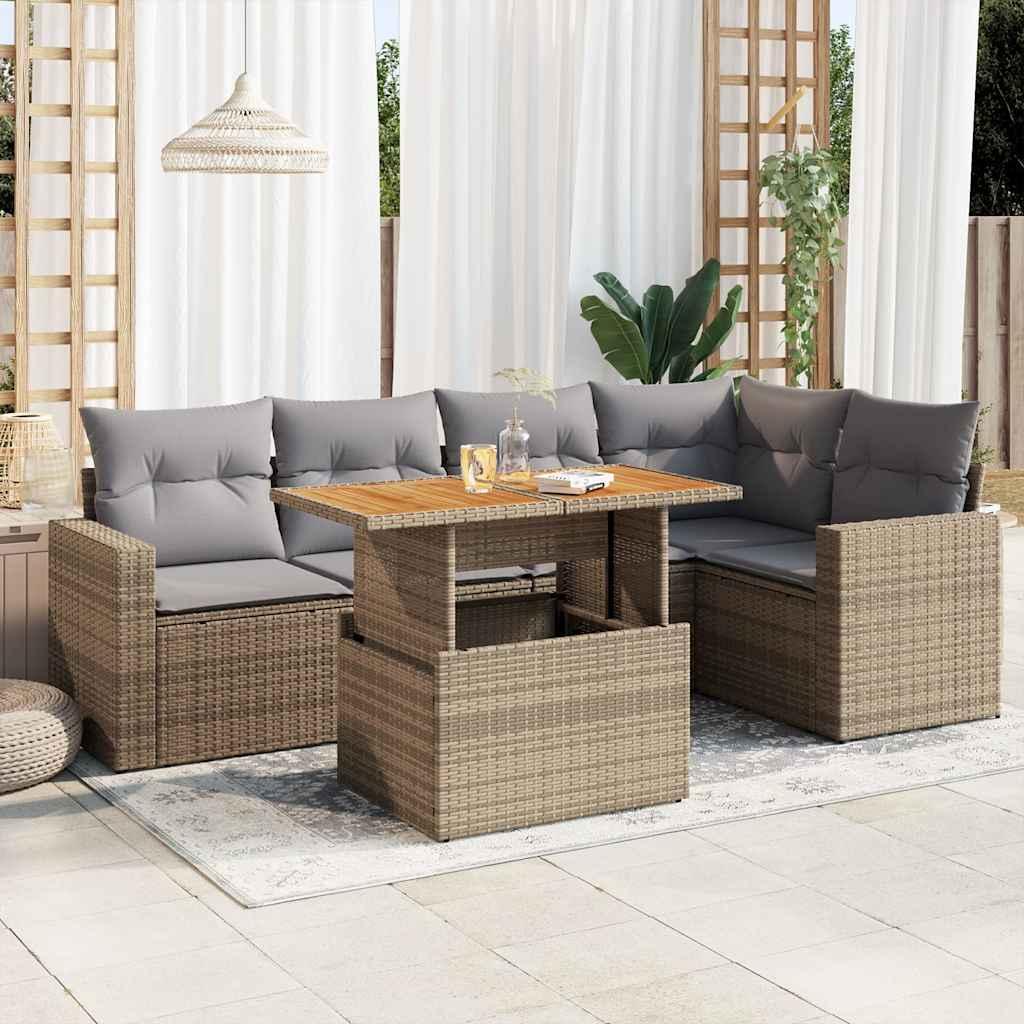 Sofasæt til haven i polyrattan - 6 dele med hynder, beige