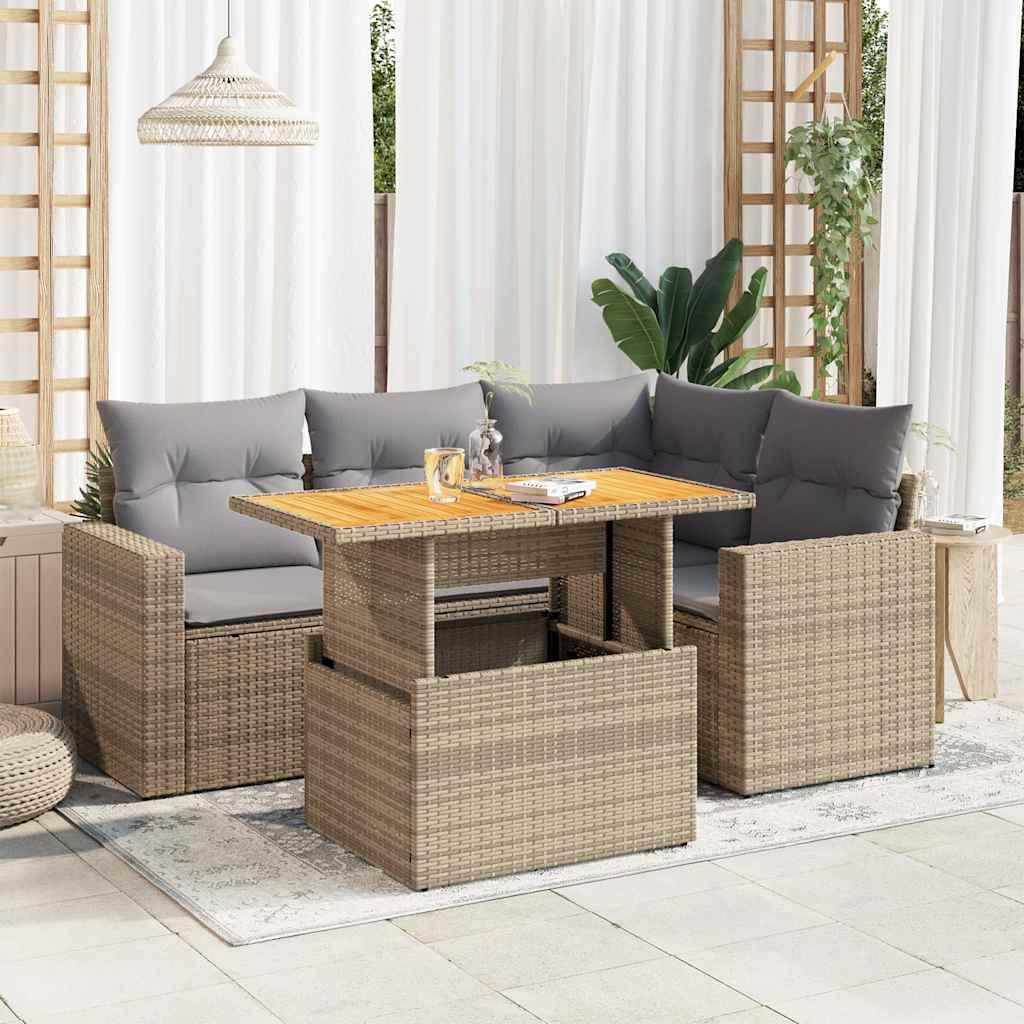 Sofasæt Til Haven 5 Dele Med Hynder Polyrattan - beige og grå / med opbevaring