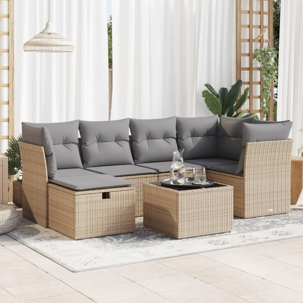 Sofasæt til haven 7 dele med hynder i polyrattan - beige/lysegrå