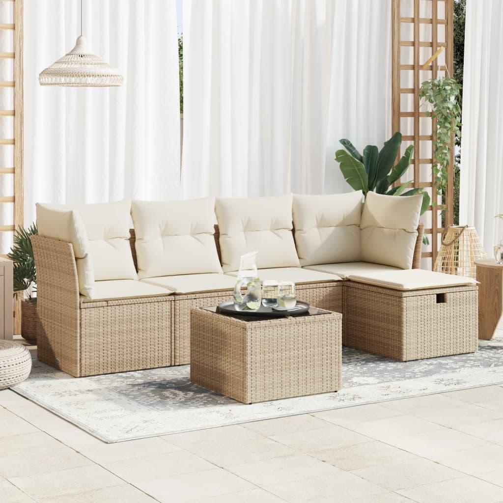 Havesofasæt i polyrattan 6 dele med hynder og opbevaring - beige
