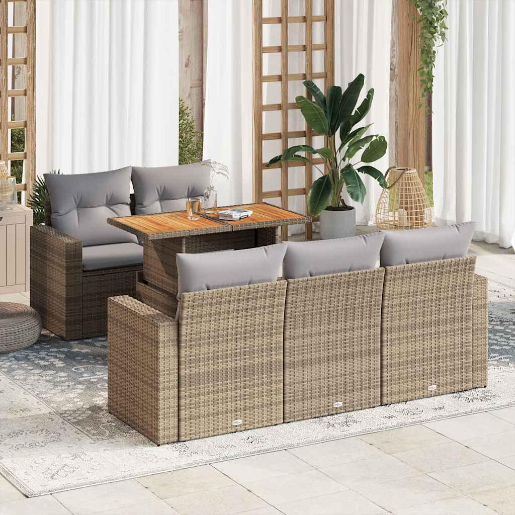 Sofasæt til haven i polyrattan - 6 dele med hynder, beige