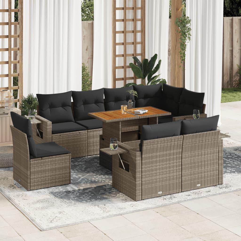 Sofasæt Til Haven 9 Dele Med Hynder Polyrattan - Grå og mørkegrå / 3X midterdel + 5x hjørnedel + bord